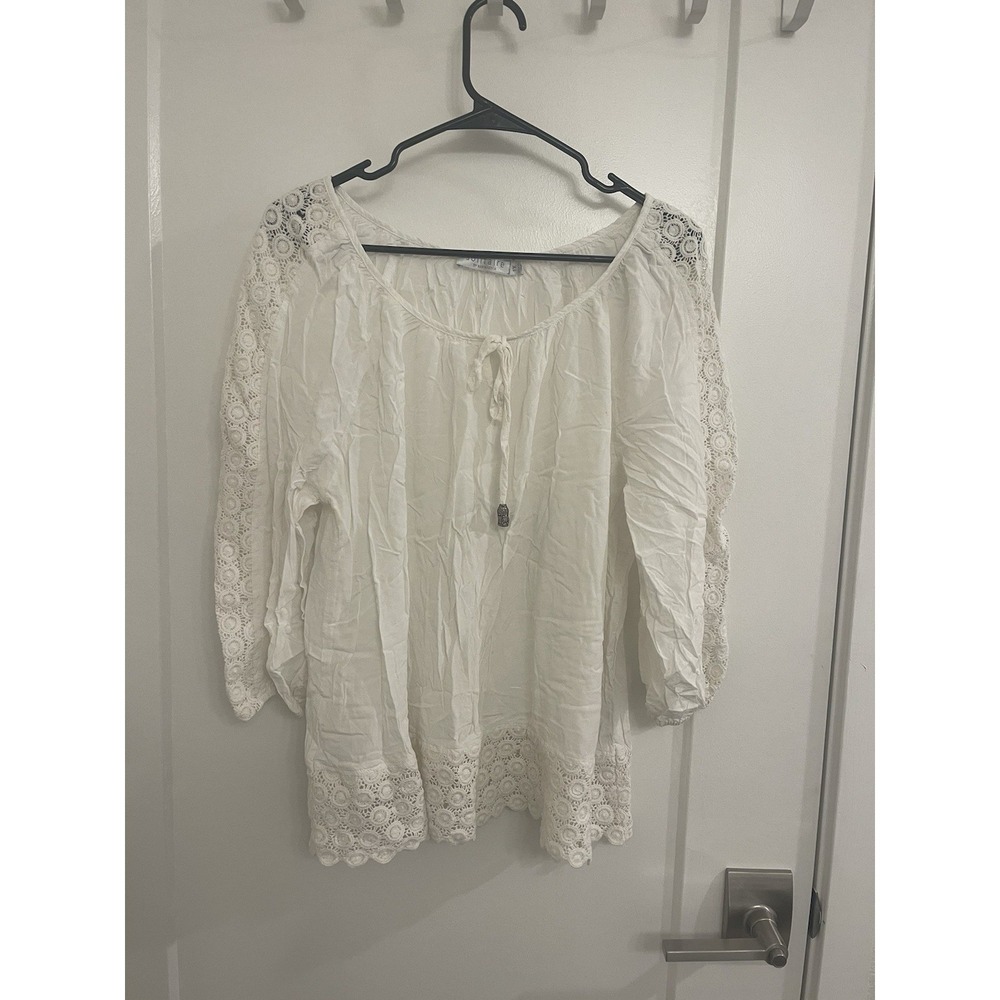 Anthropologie Solitaire White Peasant Blouse Crochet Cottagecore Holiday